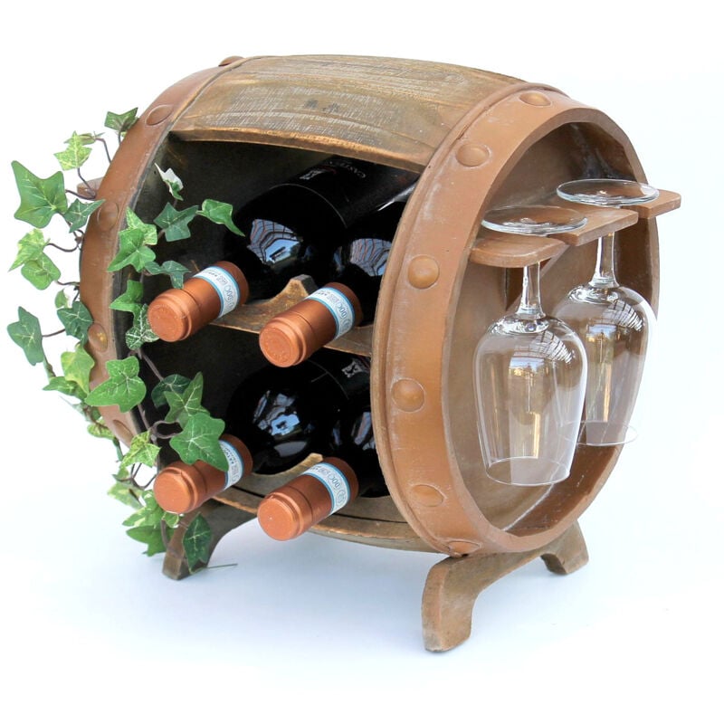 Dandibo - Casier à vin en bois Tonneau à vin brun 33 cm 2110 Bar Casier à bouteilles Petit tonneau Tonneau en bois avec porte-verre