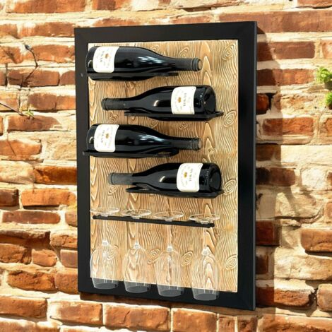 Dandibo – Casier à vin mural 96617 – Métal noir – 4 bouteilles – Porte-verres intégré – Montage mural – Design moderne pour décoration intérieure