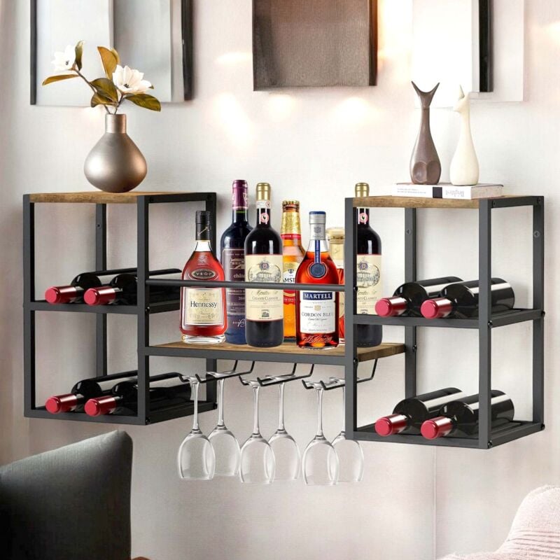 Dandibo - Casier à Vin Mural Métal Bois 96604 Porte-Bouteilles avec Porte-Verres Support Bouteilles de Vin