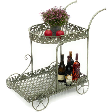 Dandibo – Chariot de service en métal 70 cm 93979 – Desserte de jardin vintage – Roulettes pour mobilité – Poignée 84 cm – Patine verte