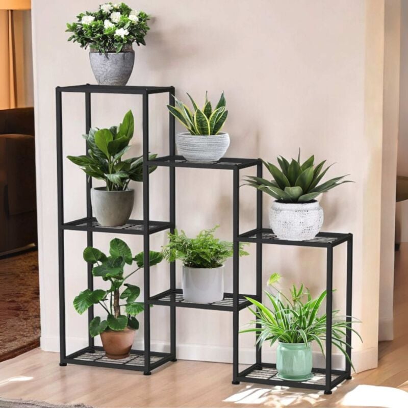 Escalier à Fleurs Intérieur Métal Noir 6 Niveaux 96578 Porte-fleurs Moderne Étagère à Plantes Design - Dandibo