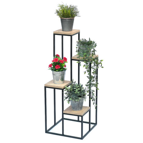 DanDiBo Escalier pour fleurs Métal Noir Bois 90 cm Escalier pour plantes Porte-fleurs 96349 Colonne pour fleurs Moderne Porte-plantes Tabouret pour fleurs