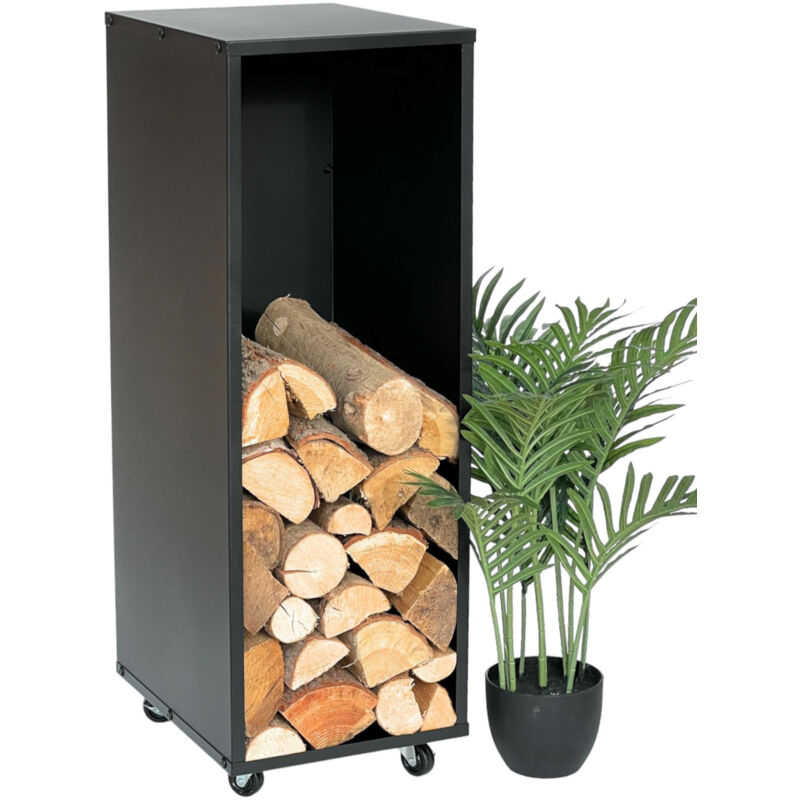 Tagère à bois de cheminée Intérieur Métal Noir Support de bois de cheminée 85 cm avec roulettes 96359 Chariot à bois de cheminée Panier à bois