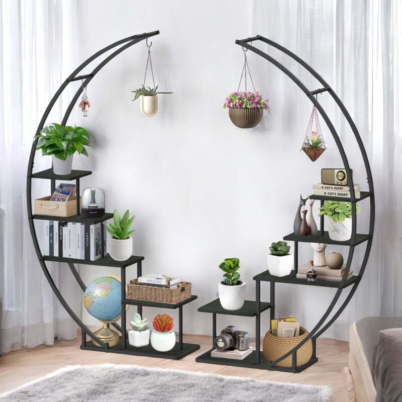 Tagère à Fleurs Intérieur Haut Métal Noir Rond 170 cm 96586 Grande Étagère Demi-Ronde Support de Plantes Design Moderne - Dandibo