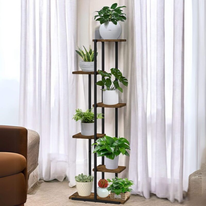 Tagère à Fleurs Intérieur Métal Noir 6 Niveaux Bois 96581 Escalier à Fleurs Support pour Plantes Design Moderne - Dandibo