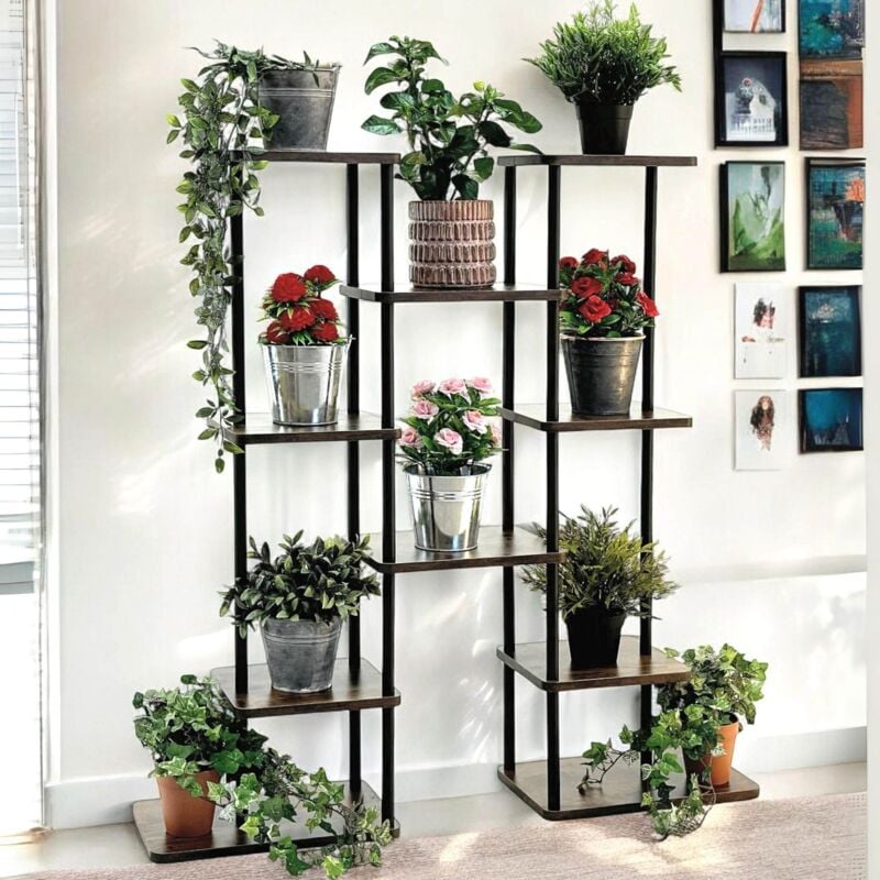 Tagère à Fleurs Intérieur Métal Noir 6 Niveaux Bois 96584 Porte-Plantes 100 cm Design de Porte-Fleurs Moderne - Dandibo