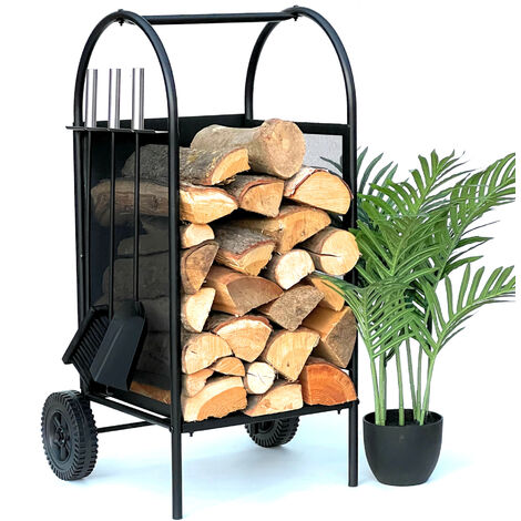 Dandibo – Étagère porte-bûches intérieur 80 cm 96358 – Métal noir avec kit cheminée – Roues pour déplacement facile – Support bois moderne