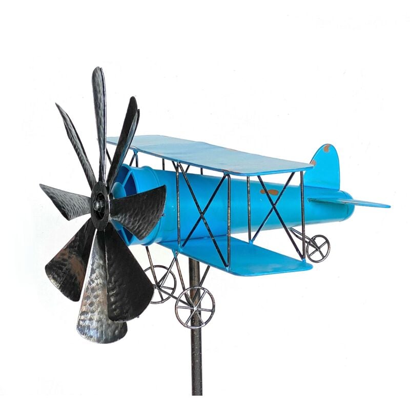 Dandibo - Fiche de Jardin Métal Avion xl 160 cm Biplan Bleu 96099 Carillon Moulin à Vent Résistant aux Intempéries Décoration Jardin Jardin Tige