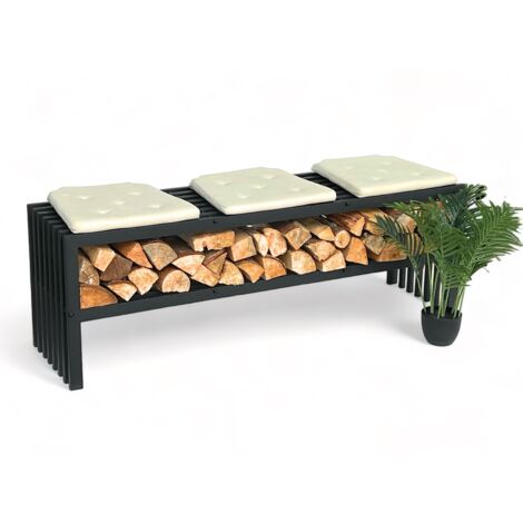 DanDiBo Kaminholzregal Innen mit Sitzbank Metall Schwarz Kaminholzständer mit Bank 96497 Brennholzregal 150 cm Kaminholzhalter