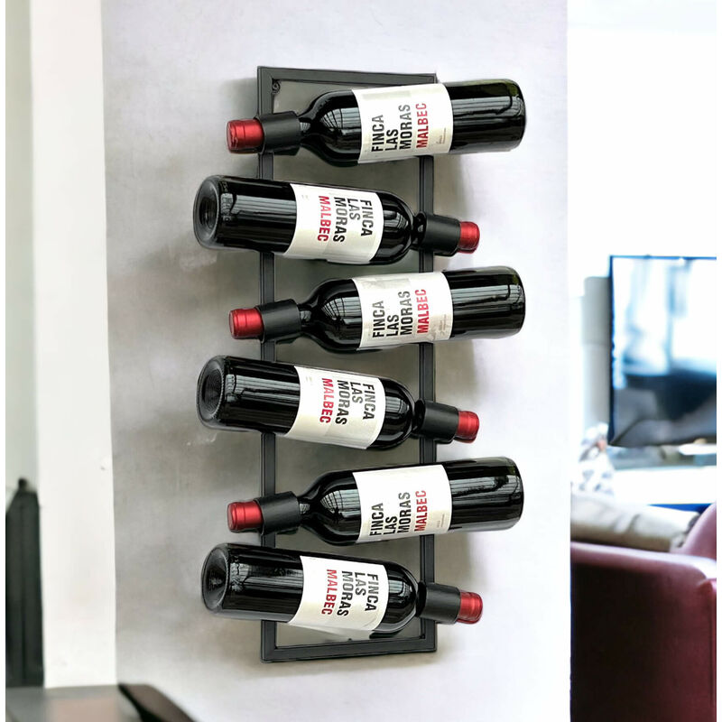 Image of Porta bottiglie da parete in metallo nero, scaffale per bottiglie, supporto per bottiglie per 6 bottiglie, design moderno e slanciato. - Dandibo