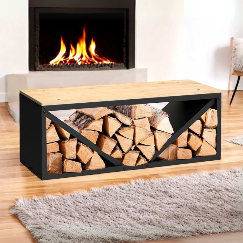 Dandibo – Porte-bûches intérieur 96602 – Banc en métal noir – Dimensions 102x40x35cm – Épaisseur métal 1,2mm – Rangement bois compact et élégant