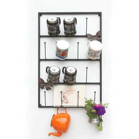 DanDiBo Porte-tasse mural Noir Métal 60 cm 93850 Crochet pour tasses Cuisine Vintage Antique Porte-tasse Étagère pour tasses Montage mural