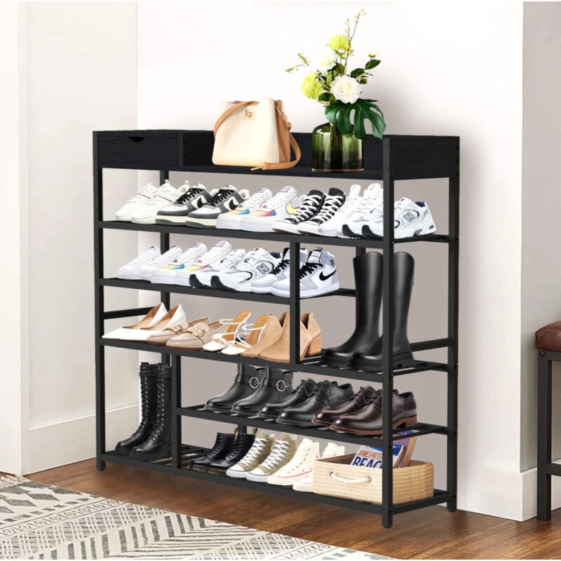 Dandibo - Scarpiera Salvaspazio Metallo Nero Moderna 6 Ripiani 100 cm con Mensola Porta Scarpe con Spazio di Stoccaggio Organizer per Scarpe Scaffale