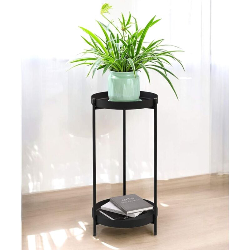 Support à fleurs métal noir rond 2 étages 52 cm 96583 table d'appoint tabouret porte-plantes design moderne tabouret pour plantes - Dandibo