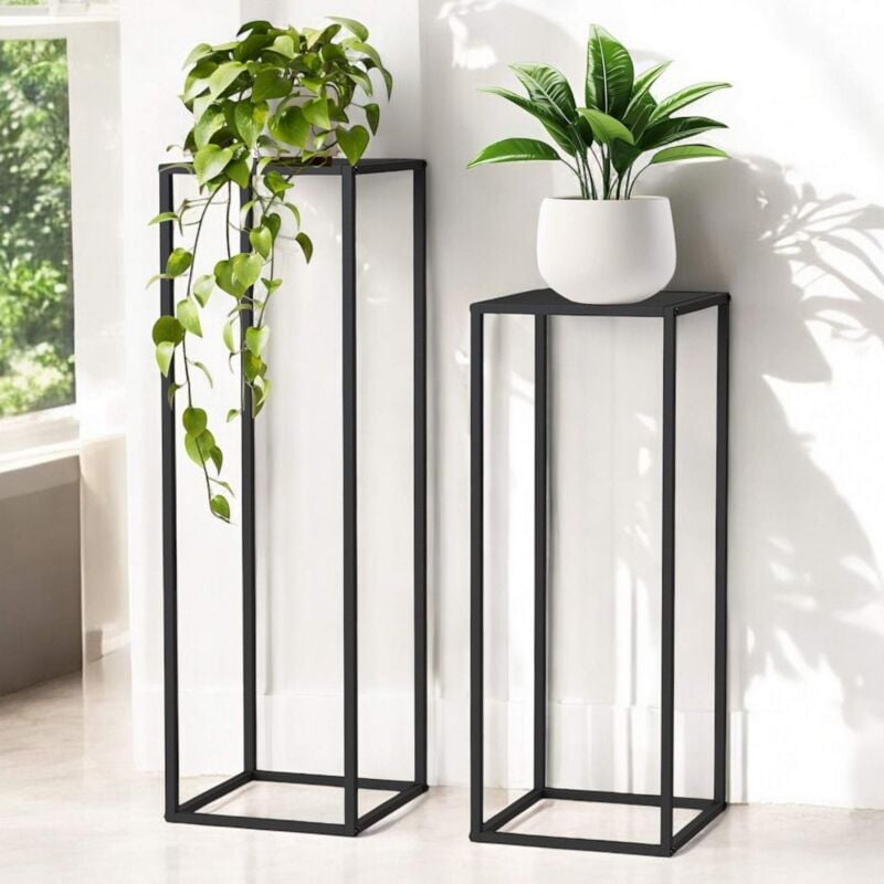 Support de plantes métal noir carré lot de 2 96587 table d'appoint haute tabouret de fleurs support de fleurs design moderne - Dandibo