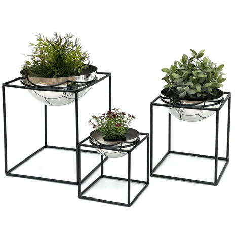 DanDiBo Tabouret à fleurs Métal avec pot Noir Argent Porte-fleurs 96256 Lot de 3 Colonne à fleurs Moderne Porte-plantes Tabouret à plantes