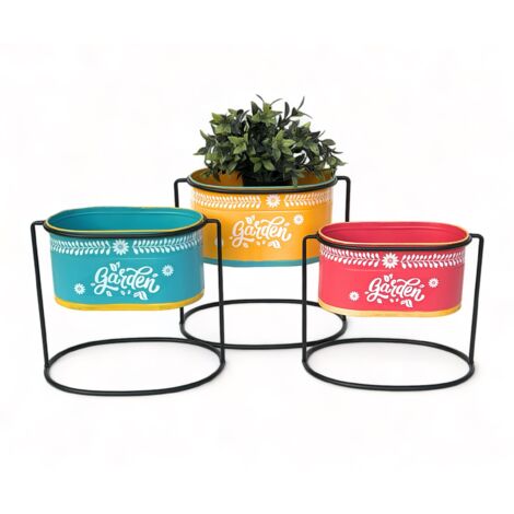 DanDiBo Tabouret de fleur avec pot Métal Debout Multicolore Ovale 96526 Set de 3 supports de fleurs Colonne de fleurs Moderne Support de plantes Pot de fleurs