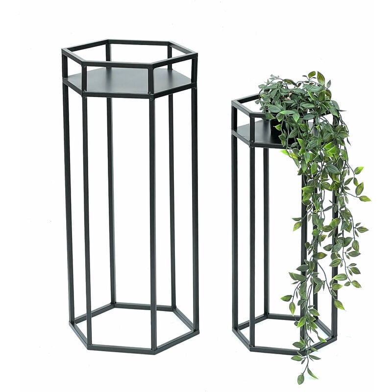 Dandibo - Tabouret de fleurs en métal noir en forme d'hexagone, table d'appoint 96453. Ensemble de 2 supports de plantes, colonne de fleurs modernes,
