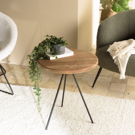 DANDY - Table basse ronde 70x70cm bois Pin recyclé et pieds métal noir