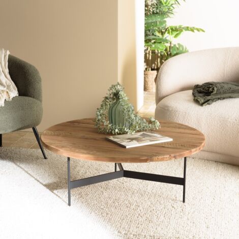 DANDY - Table basse ronde 90x90cm bois Pin recyclé et pieds métal noir