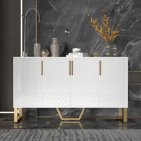 Dans Les Nuages – Buffet 140 cm laqué blanc avec 4 portes en métal – Design géométrique – Rangement bois – Dimensions 140x40x80 cm