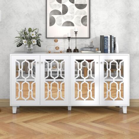 Dans Les Nuages – Buffet 160 cm blanc avec 4 portes miroir – 2 étagères réglables – Bois MDF haut de gamme – Élégance moderne pour salon