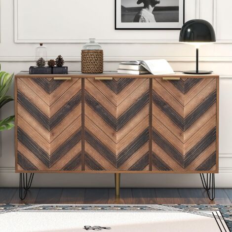 Dans Les Nuages – Buffet moderne 120 cm en bois et métal – 3 portes avec poignées dorées – 3 étagères réglables – Rangement élégant pour salon
