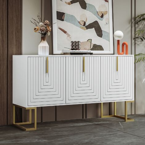 Dans Les Nuages – Buffet moderne 138 cm avec 3 portes en U – Étagères réglables – Cadre en métal – Blanc – Rangement élégant pour salon
