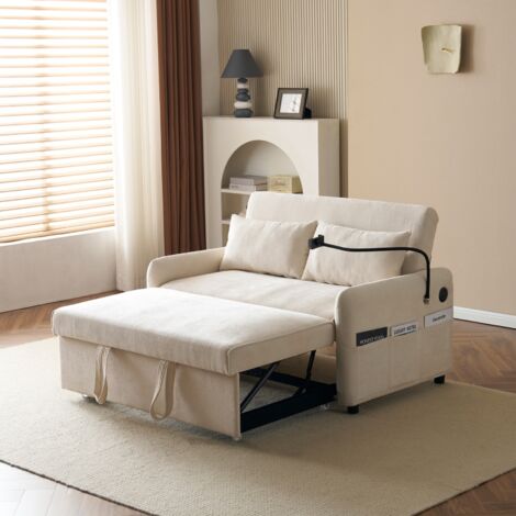 Dans Les Nuages – Canapé convertible 129 cm 2 places – Dossier réglable 3 positions – Ports USB intégrés – Tissu chenille beige avec porte-téléphone