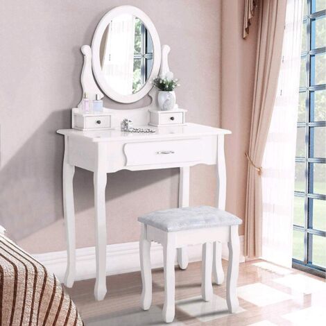 Dans Les Nuages – Coiffeuse enfant avec miroir ovale 360° – 3 tiroirs spacieux en bois blanc – Tabouret en bois sculpté avec coussin – 75 x 40 x 136 cm
