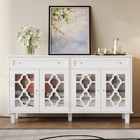 Dans Les Nuages – Commode rectangulaire 140 cm en bois blanc – 4 portes miroir – 2 tiroirs avec poignées en cristal – étagères ajustables – style scandinave