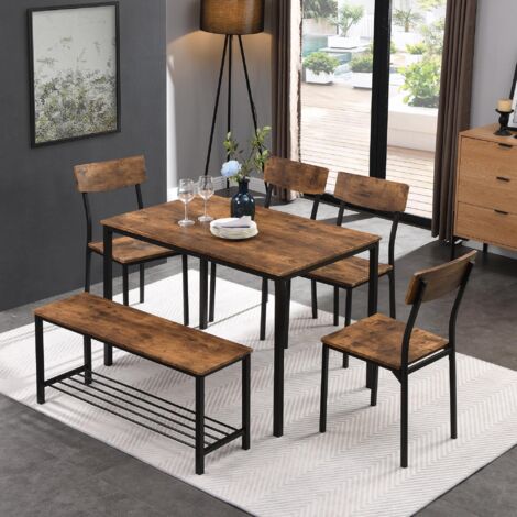 Dans Les Nuages – Ensemble table et chaises 6 places – Table 110x70x75cm en MDF et métal – 4 chaises et banquette – Style vintage marron