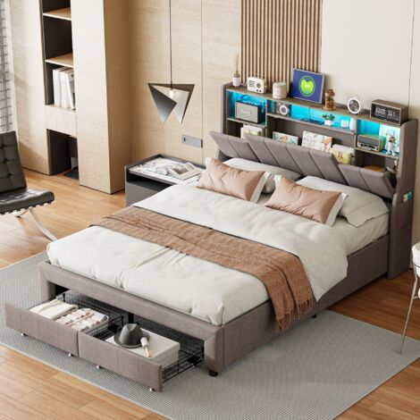 Dans Les Nuages – Lit adulte 140x190 cm en lin gris – 2 tiroirs de rangement – Éclairage LED et recharge USB – Sommier à lattes – Conception moderne