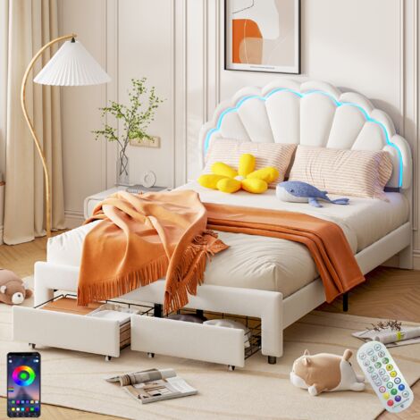 Dans Les Nuages – Lit adulte 140x190 cm – Tête de lit fleur en velours – 2 tiroirs de rangement sur roulettes – Cadre métal et sommier à lattes bois – Blanc