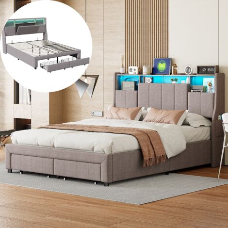 Dans Les Nuages – Lit avec tiroirs 140x200 cm – Rembourré gris avec éclairage LED et ports USB – Poches latérales et rangement pratique – Sommier à lattes