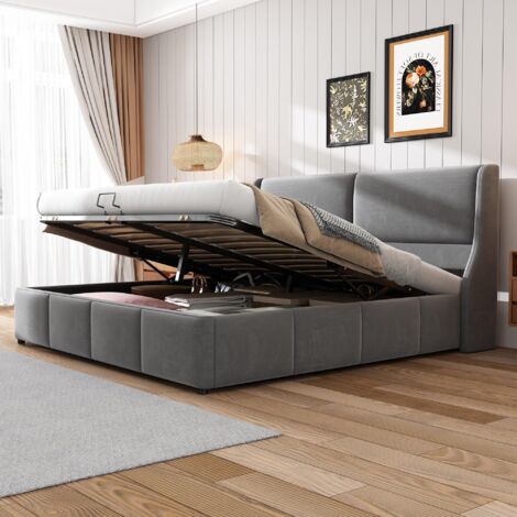Dans Les Nuages – Lit coffre capitonné 140x190 cm – Tissu velours gris – Sommier à lattes – Tête de lit rembourrée – Rangement intégré