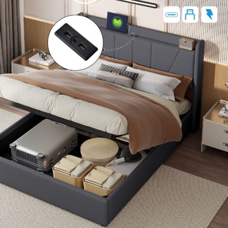Dans Les Nuages – Lit coffre double 160x200 cm – 2 ports USB + 1 Type-C – Mécanisme de levage hydraulique – Tissu en lin – Grand espace de rangement – Gris - 1type-c