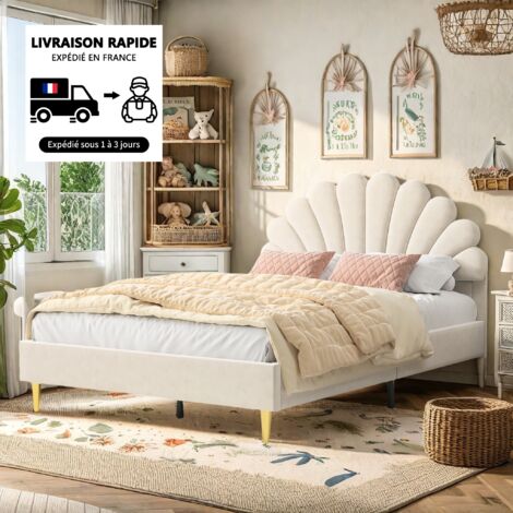 Dans Les Nuages – Lit double 140x190 cm en velours beige – Tête de lit fleurie – Sommier à lattes – Style scandinave – Capacité 250 kg – Montage facile