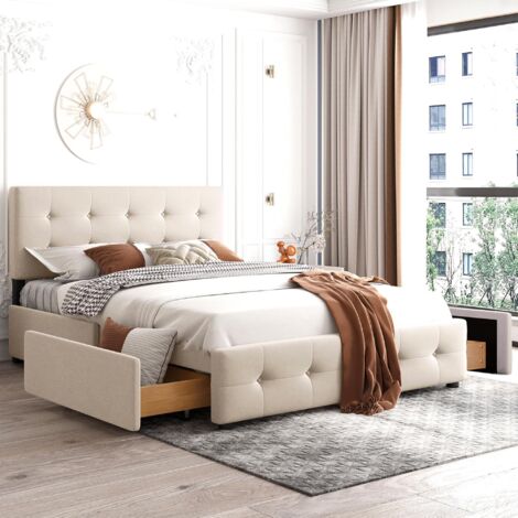 Dans Les Nuages – Lit double capitonné 140x200 cm avec 4 tiroirs – Sommier à lattes en bois – Tissu velours beige – Style scandinave moderne