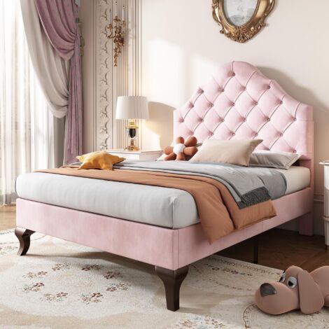 Dans Les Nuages – Lit simple 90x200 cm en velours rose – Tête de lit réglable – Sommier à lattes – Lit enfant capitonné – Style classique