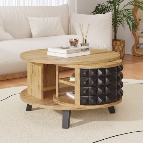 Dans Les Nuages – Table basse ronde 85 cm – Tiroirs de rangement caché – Design bicolore scandinave en bois – Double plateau rotatif pour objets décoratifs