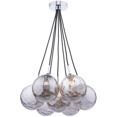 Dar Elpis Plafonnier suspendu à 7 lampes, chrome poli, verre fumé à fossettes de 150 mm