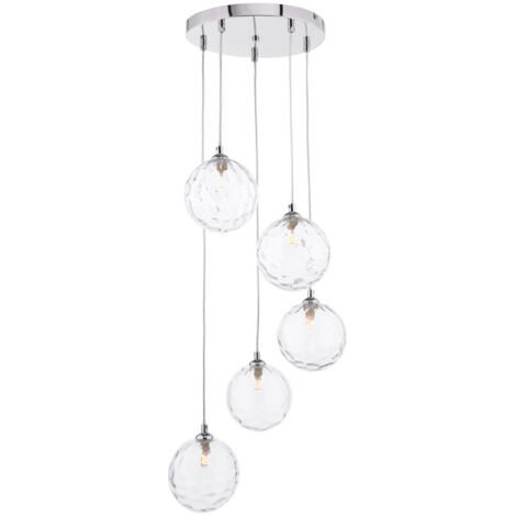 Dar Federico Plafonnier suspendu à 5 ampoules, chrome poli, verre transparent à fossettes de 150 mm