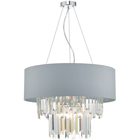 DAR HALLE - Suspension cylindrique gris clair et cristal avec abat-jour, 6x G9