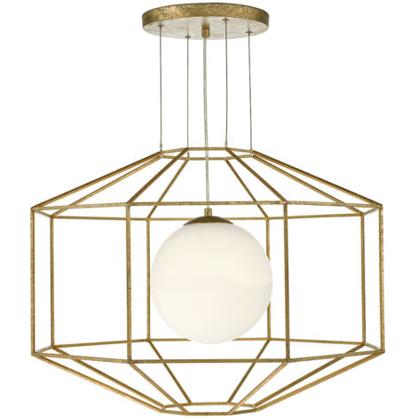DAR IZMIR - Wire Frame Suspension Hexagonal Old Gold Frame Verre Opale, 1x E27