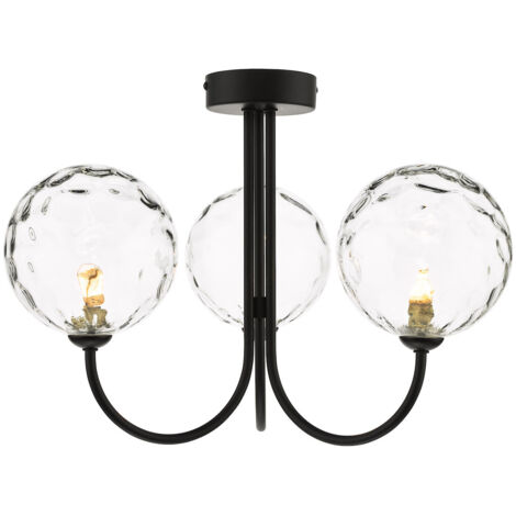 Dar Jared Plafonnier semi-affleurant à 3 ampoules, noir mat, clair, alvéolé, verre de 150 mm