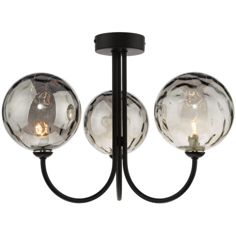 Dar Jared Plafonnier Semi Encastré 3 Lumières Noir Mat Verre Foncé Fumé 150mm