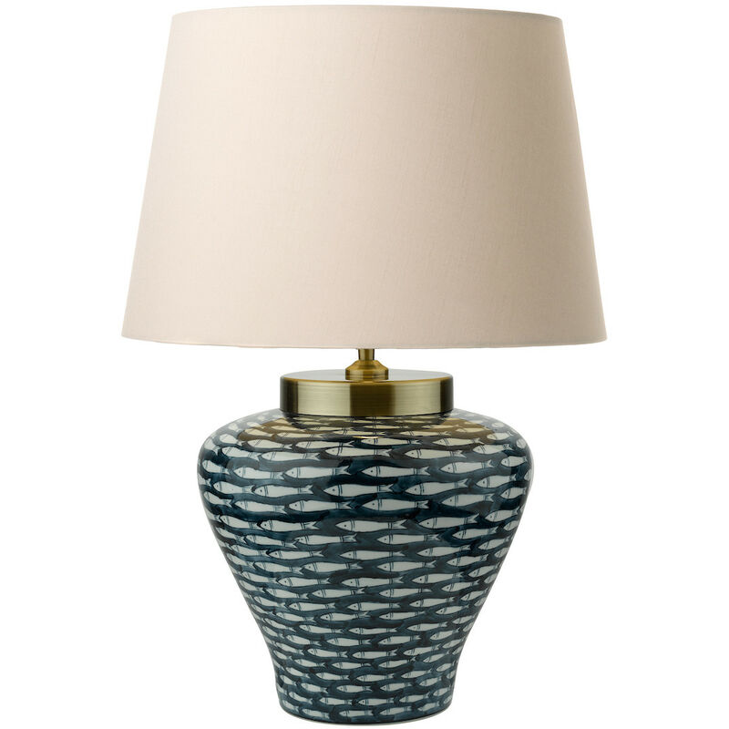 Image of Dar Lighting - dar joy - Base per lampada da tavolo in porcellana con paralume tondo conico motivo pesci bianchi blu