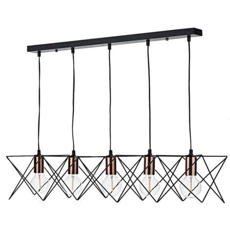 DAR MIDI - Wire Frame Bar Lampe à Suspension Noir et Détail Cuivre Brillant, 5x E27