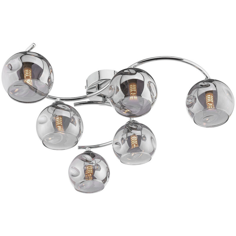 Dar Lighting - Dar Nakita Plafonnier semi-affleurant à 6 ampoules, chrome poli, verre fumé à fossettes